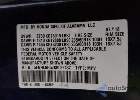 2019 Honda Odyssey Ex z USA, uszkodzony, nr VIN 5FNRL6H57KB022437